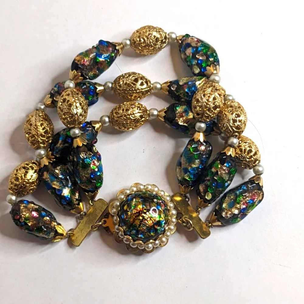 Vintage Napier Signed‎ Beaded Bracelet – Foil Glass & Filigree Beads RARE